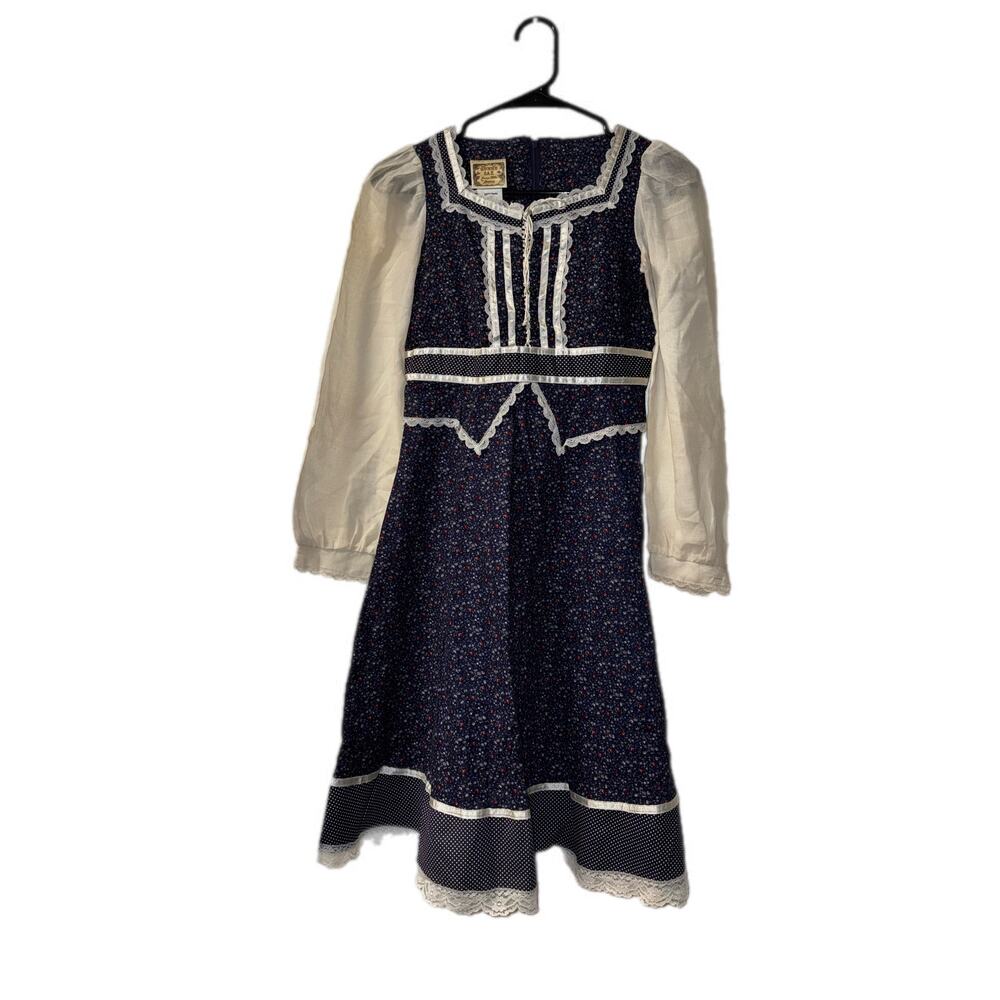 Vintage 1970’s Children’s Gunne Sax Blue & White Floral Prairie Dress size 14
